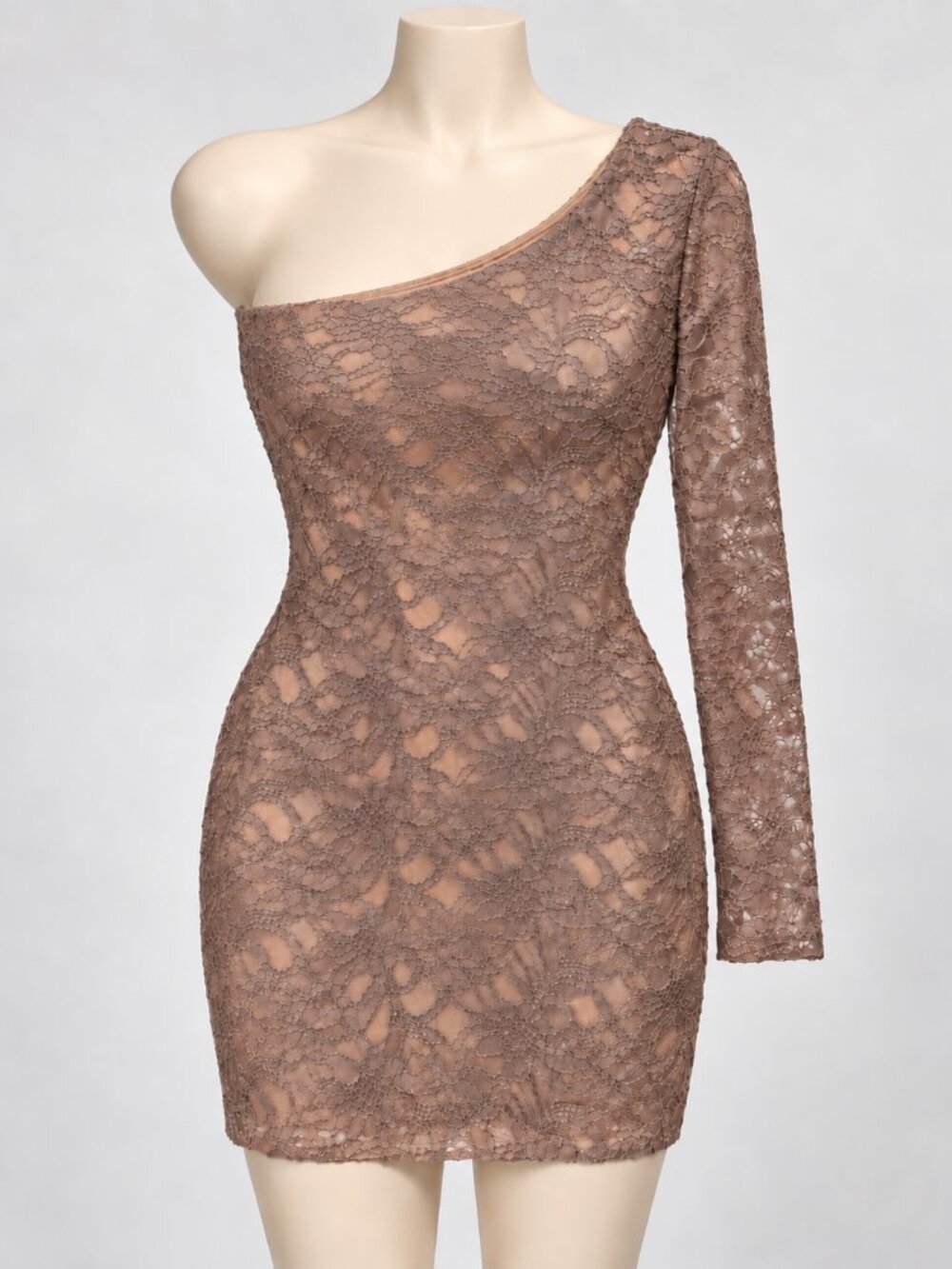 Honey and Rosie Women’s Small Taupe Lace One Shoulder Long Sleeve Mini Dress